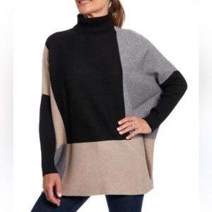 Joseph Abboud Colorblock Turtleneck Ribbed Sleeve Poncho Sweater, Small